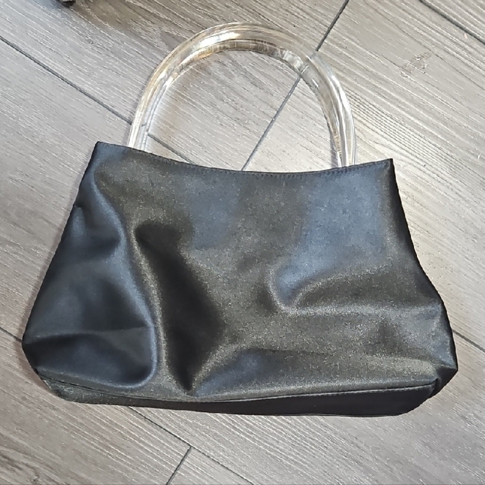 🖤 Liz Claiborne Lucite Handle Blk Satin Nylon Bag – Retro Chic Evening Satchel